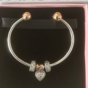 Pandora Silver Bangle with embossed Rose Gold end caps
